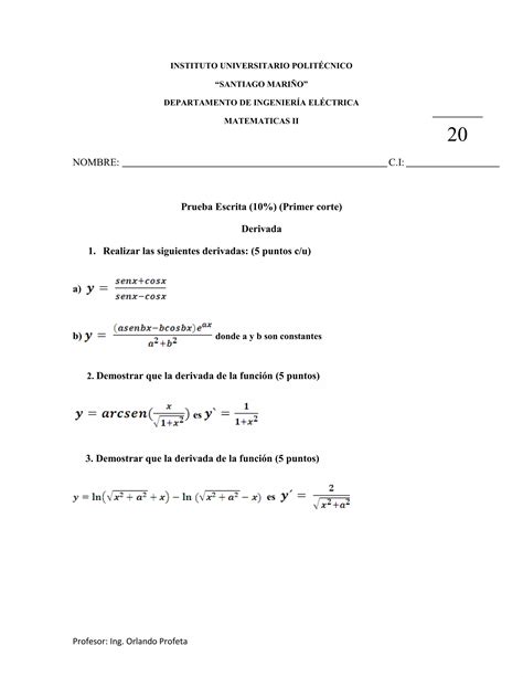 Examen De Matematicas Ii Derivadas Pdf Descarga Gratuita