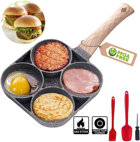 4 Hole Omelet Pan For Burger Eggs Ham Pancake Maker Wooden Handle