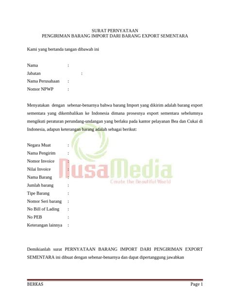 surat pernyataan pengiriman barang import