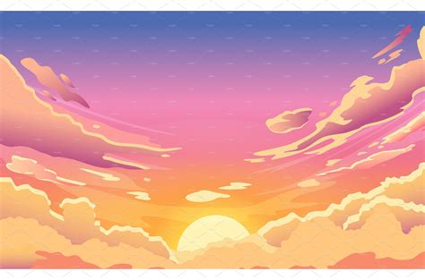 Sunset sky. Cartoon summer sunrise | Illustrations ~ Creative Market