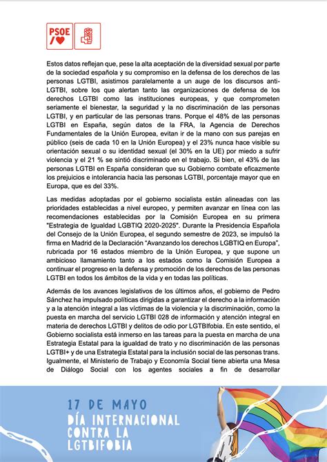 Manifiesto Del Psoe Por El D A Contra La Lgtbifobia Psoe Provincia De