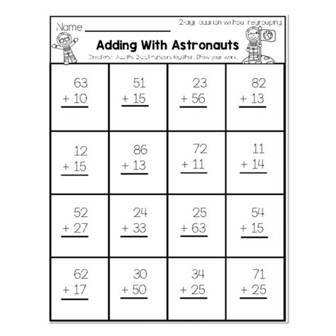 2nd Grade Math Worksheets 2 Digit Addition Without Regrouping Adding With Astronauts Lucky