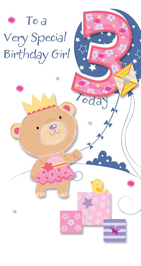 Girls 3rd Birthday 3 Today Embellished Greeting Card Cards