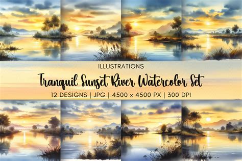 Tranquil Sunset River Watercolor Set Graphic by Artistic Wisdom ...