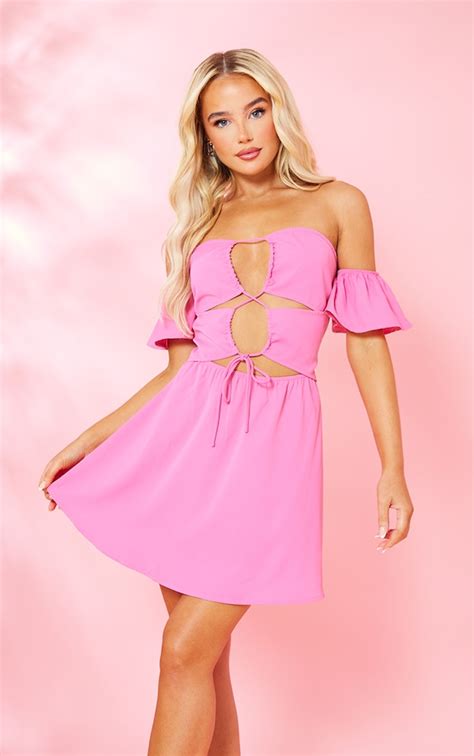 Pink Cut Out Tie Bardot Shift Dress Dresses Prettylittlething Ca