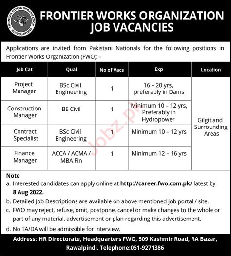 Frontier Works Organization FWO Jobs 2022 2025 Job Advertisement Pakistan