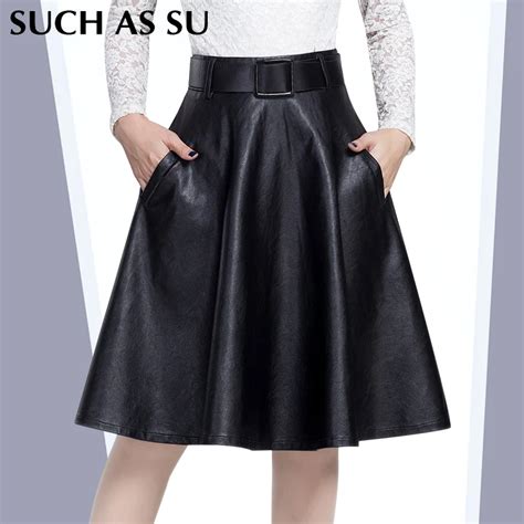 Pu Autumn Winter Skirts Women 2016 High Waist Black Slim Knee Length