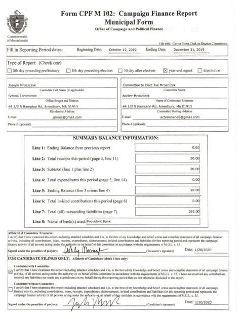 Fillable Online Form CPFM 102 Campaign Finance Report Municipal Form