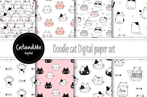 Doodle Cat Digital Paper Set Graphic By Catandme · Creative Fabrica