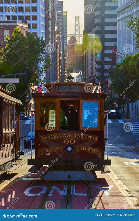 Iconic San Francisco Trolley Driving Downtown Towards Oakland Bay ...