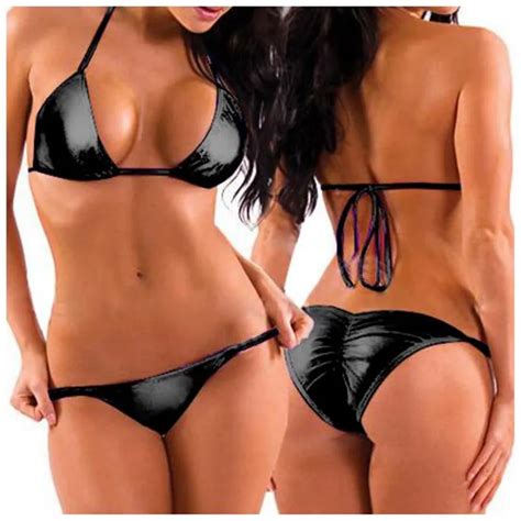 Sexy Women Two Piece Pu Leather Bikini Swimsuit Mini Triangle Thongs