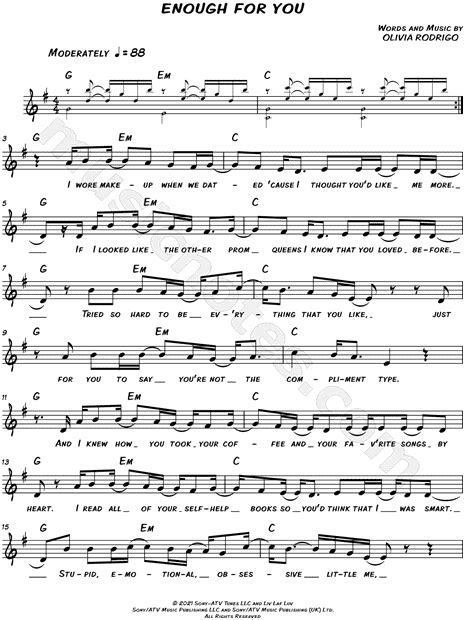 Olivia Rodrigo "enough for you" Sheet Music (Leadsheet) in G Major ...