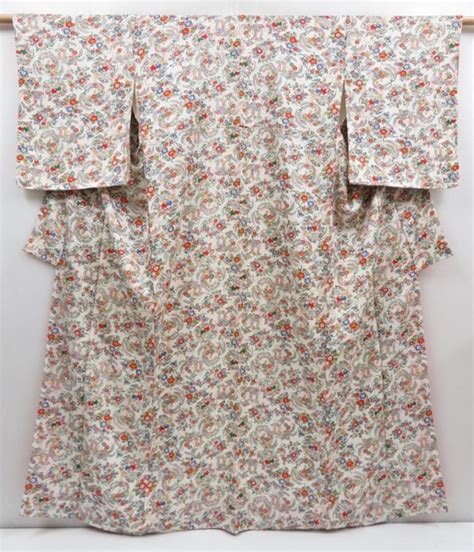 T Z Japanese Kimono Silk Komon Flowers Off White Kyoutokiyou