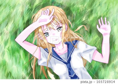 草原に寝転がる女の子のイラスト素材 [103728914] - PIXTA