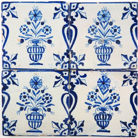 Antique Dutch Delft Wall Tiles With Flower Pots In Blue With Beautiful