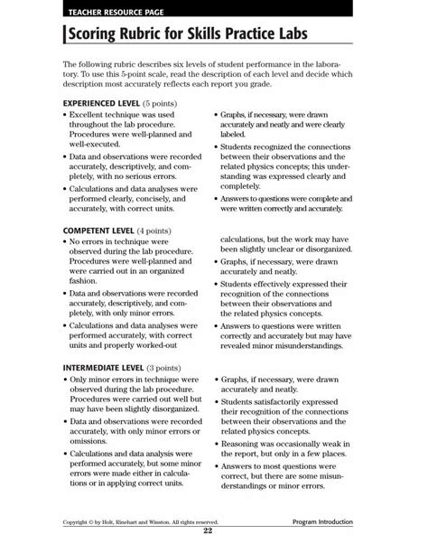 Pdf Teacher Resource Page Scoring Rubric For Skills Practice Labslp