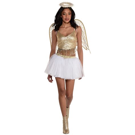 Women's Angel Gold/White Outfit Shirt/Skirt/Wings/Halo Headband Halloween Costume, Assorted ...