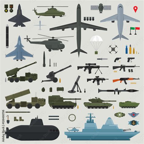 Military weapons of Army naval and air force - vector illustrati Stock ...