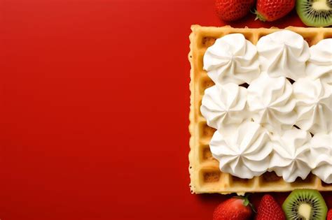 Premium Photo Waffle Frame With Whipped Cream Red Background A Few