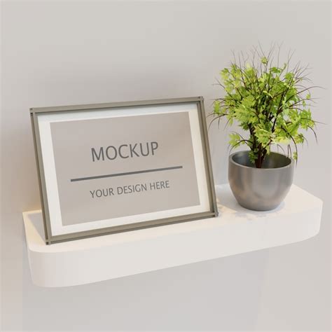 Premium Psd Vertical Frame Mockup On Wall Shelf With Plant