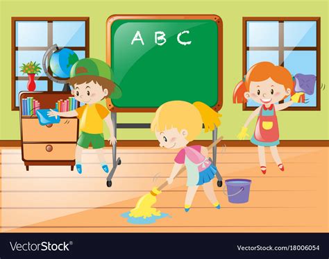 Children help cleaning classroom Royalty Free Vector Image