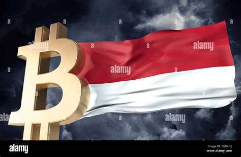 Gold Bitcoin Cryptocurrency With A Waving Indonesia Flag 3D Rendering