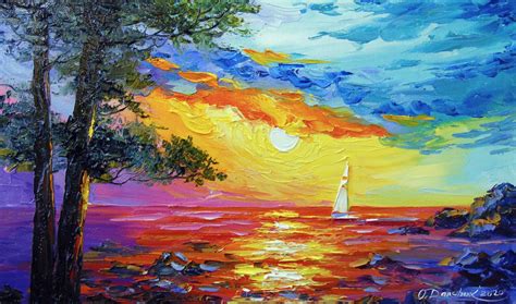 Sailboat at sea at dawn Painting by Olha Darchuk