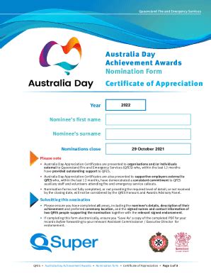 Fillable Online Qfes Australia Day Achievement Awards Certificate Of