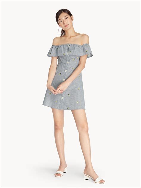 Ruffle Off Shoulder Mini Dress Blue Pomelo Fashion