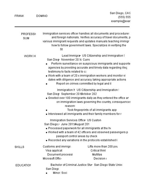 Immigration Services Officer Resume Example