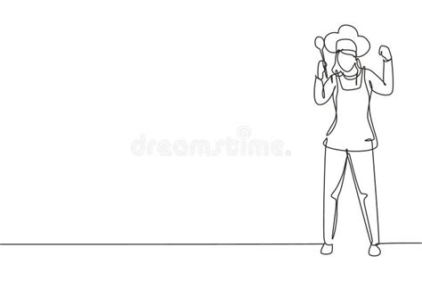 Single One Line Drawing Female Chef Stands With Celebrate Gesture