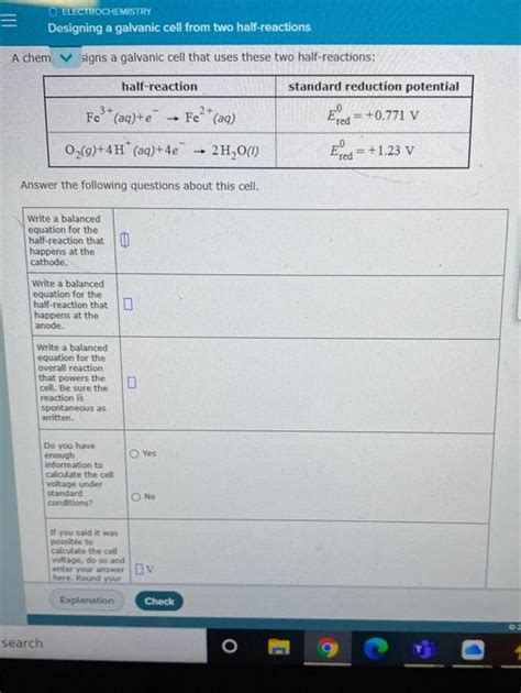 Solved O Electrochemistry Designing A Galvanic Cell From Two Chegg