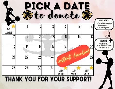 Cheer Pick A Date To Donate Fundraiser Calendar Pay The Date