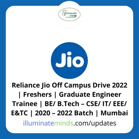 Reliance Jio Off Campus Drive 2022 Freshers Graduate Engineer Trainee Be Btech Cse It