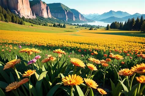 Premium AI Image | A field of flowers with a mountain in the background