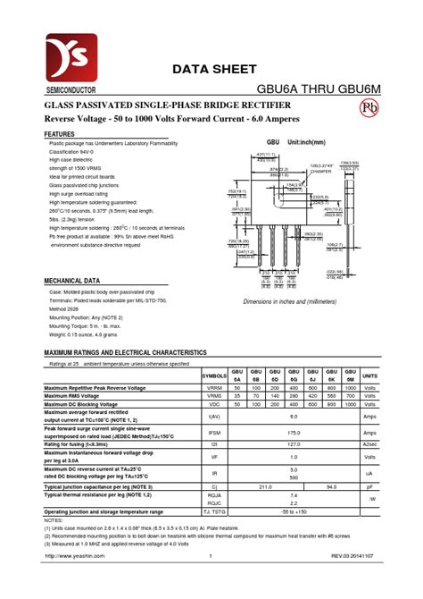 Gbu K Datasheet Glass Passivated Single Phase Bridge Rectifier