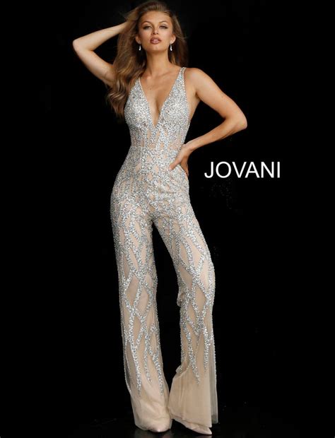 Jovani 61573 Silver Nude Plunging Neckline Beaded Contemporary JumpsuitProm Dresses Most