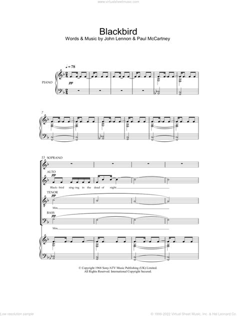 Blackbird Sheet Music For Choir Satb Soprano Alto Tenor Bass V2