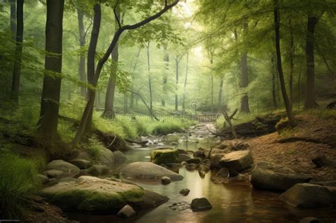 Peaceful Forest Scene with Babbling Brook and Birds Singing in the Trees Stock Illustration ...