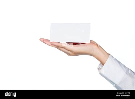 Woman Hand Holding Blank Card On White Background Service Stock Photo