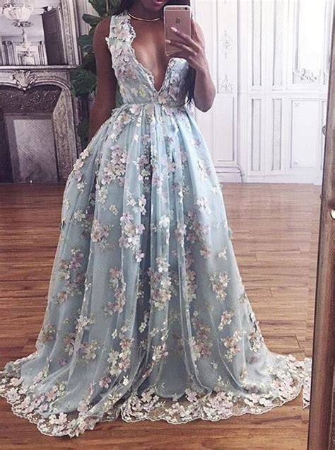 Floral Deep V Neck Appliques Light Sky Blue Prom Dress