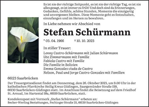 Traueranzeigen von Stefan Schürmann Saarbruecker Zeitung Trauer de