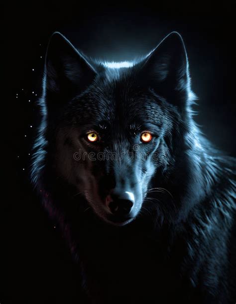 Dark Portrait of a Black Wolf with Glowing Eyes Stock Illustration ...