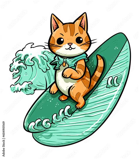 Cute Cat Surfing In Sea With Surfboard Ai Generated Stock Illustration