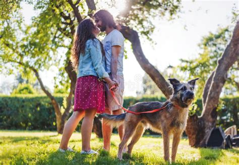 Young Beautiful Couple Walking the Dog in the Summer Park Stock Image ...