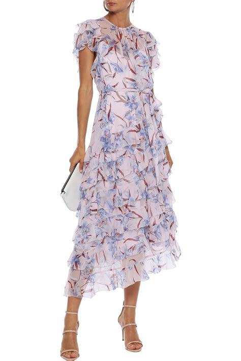 Zimmermann Corsage Flutter Tiered Floral Print Silk Chiffon Midi Dress