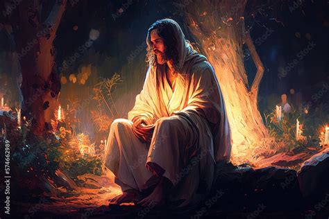 Jesus Christ Praying On The Mount Of Olives Ai Иллюстрация Stock