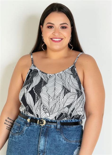 Blusa de Alça Folhagem Preta Plus Size Marguerite