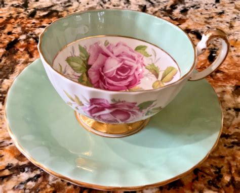 Aynsley Teacup Saucer Set Vintage Antique Huge Cabbage Rose Rare Sage