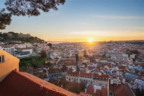 Aerial View Of Lisbon At Sunset From Miradouro Da Graca Viewpoint